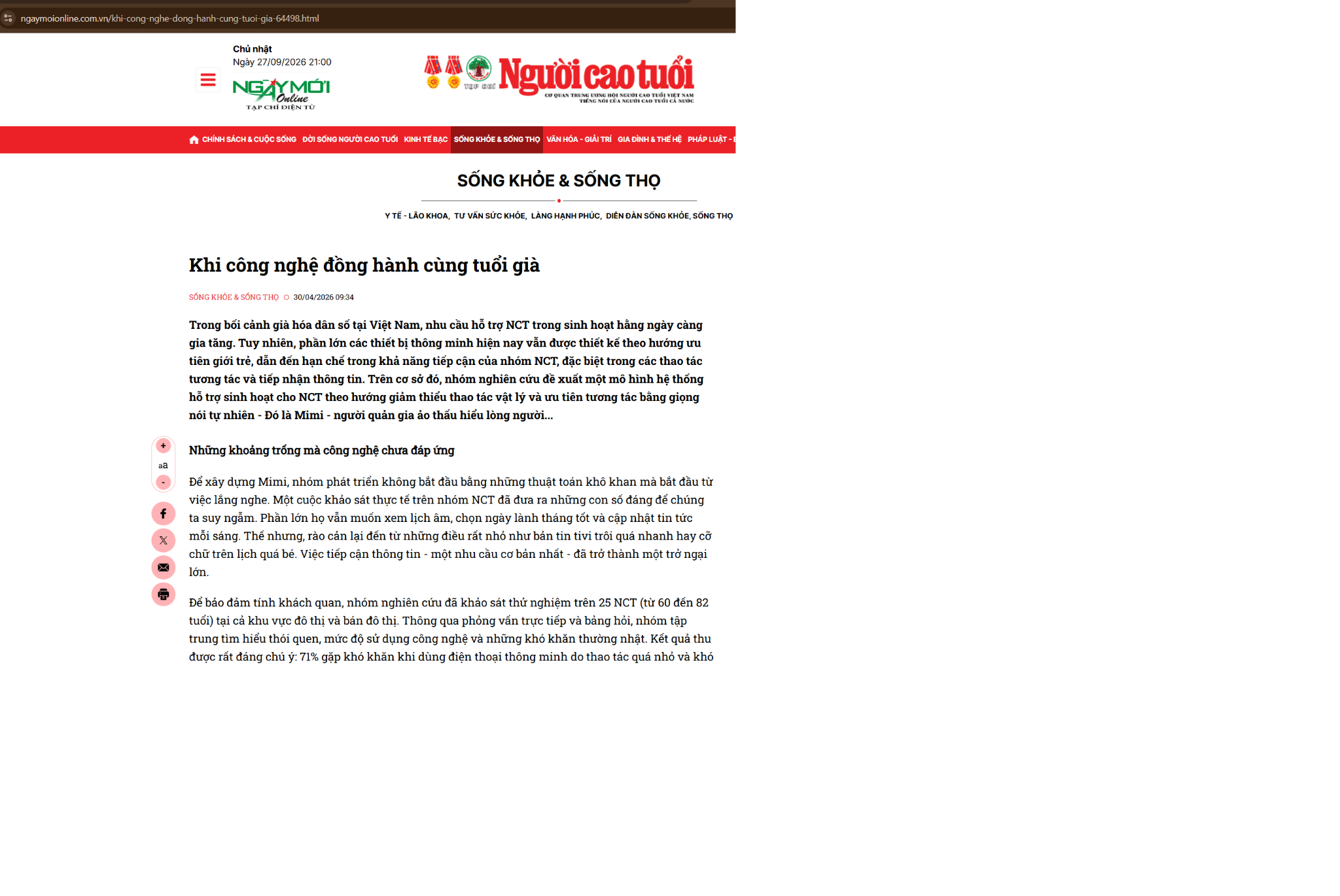 Người Cao Tuổi Magazine article about MIMI